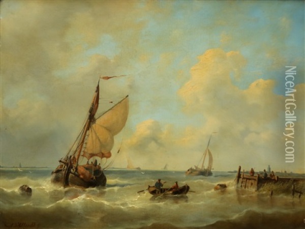 Coastal Scenes With Saling Vessels (2) Oil Painting - Adrianus David Hilleveld