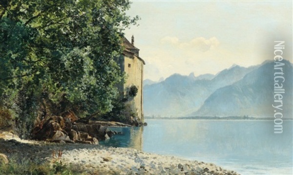 Castle Chillon By Lake Geneva Oil Painting - Janus la Cour