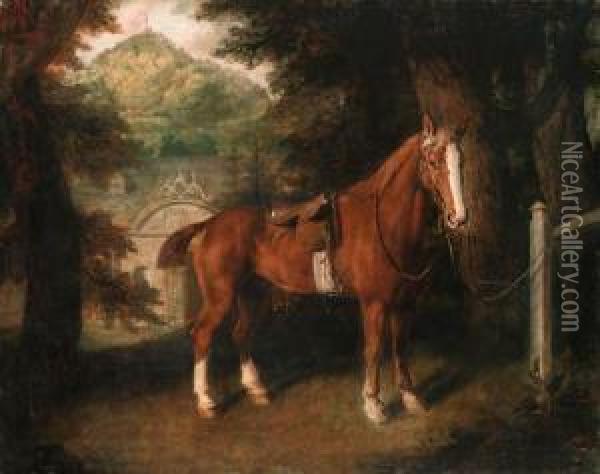 A Saddled Chesnut Hunter Tethered To A Post, The Entrance Tostables Beyond Oil Painting - Thomas Beach