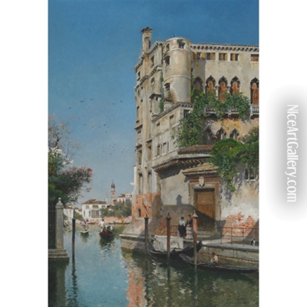 A Sunlit Venetian Backwater With Gondaliers Oil Painting - Federico del Campo