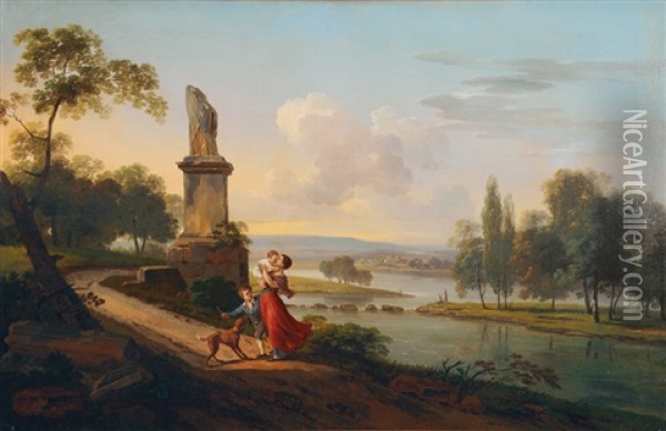 Southern Landscape With A Family Oil Painting - Pierre Antoine Marchais