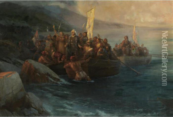 The Disembarkation Of 
Christopher Columbus, With Companions On Three Launches, On Friday 12th 
October 1492, At Sunrise, On An American Island Named San Salvador By 
Him On The Very Same Day Oil Painting - Ivan Konstantinovich Aivazovsky