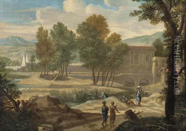A Classical Landscape With Figures On A Path, A Villa Beyond Oil Painting - Jan Frans Van Bloemen (Orizzonte)
