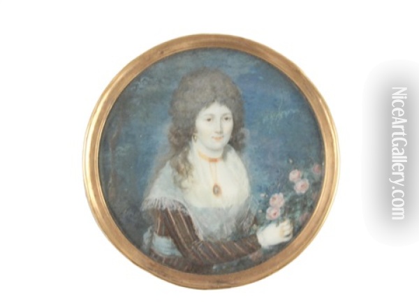 Miniature Round Portrait Of A Lovely Aristocratic Woman Oil Painting - Josef Abel