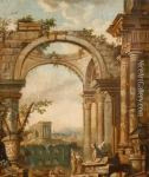 Figures Amongst Classical Ruins Oil Painting - Giovanni Niccolo Servandoni