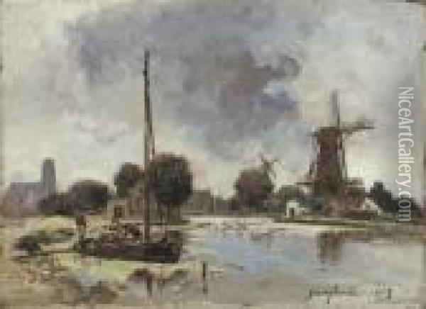 A Sailboat Moored On The Bank Of A Stream With A Windmill Beyond Oil Painting - Johan Barthold Jongkind