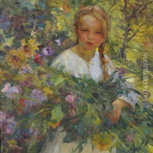A Girl With Flowers Oil Painting - Luis Graner Arrufi