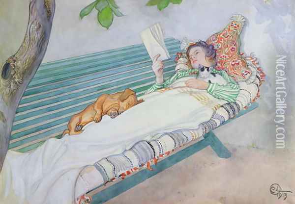 Woman Lying on a Bench Oil Painting - Carl Larsson