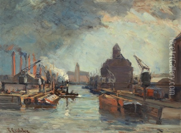 The Harbor In Berlin (+ Another, Verso) Oil Painting - Richard Hermann Eschke