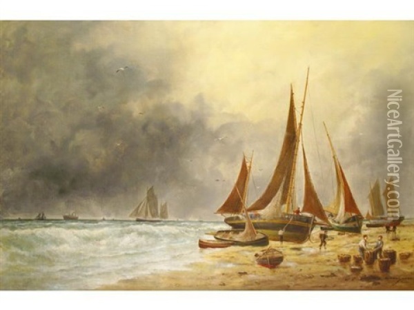 Barques De Peche Sur La Greve Oil Painting - Victor Charles Edouard Adam