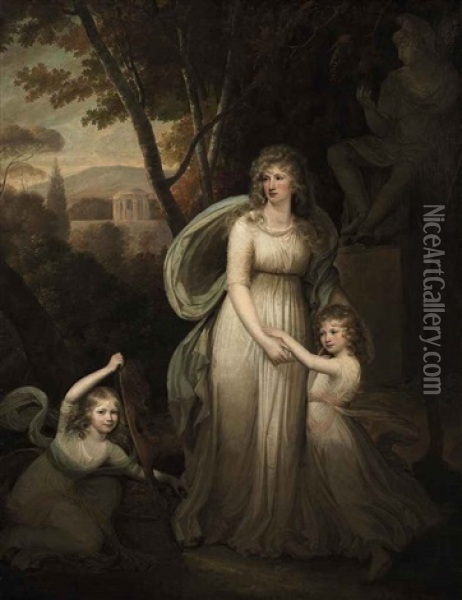 Portrait Of A Lady, With Two Children (members Of The Lichtenau Family?) In A Classical Landscape Oil Painting - Hugh Douglas Hamilton