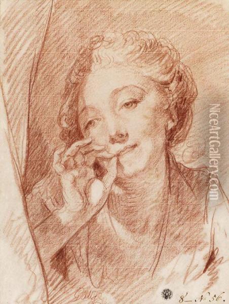 A Young Woman Appearing Behind A Curtain, Her Hand At Hermouth Oil Painting - Jean Baptiste Greuze