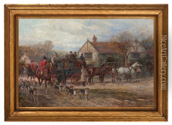 Village Scene With Carriage And Dogs Oil Painting - Heywood Hardy