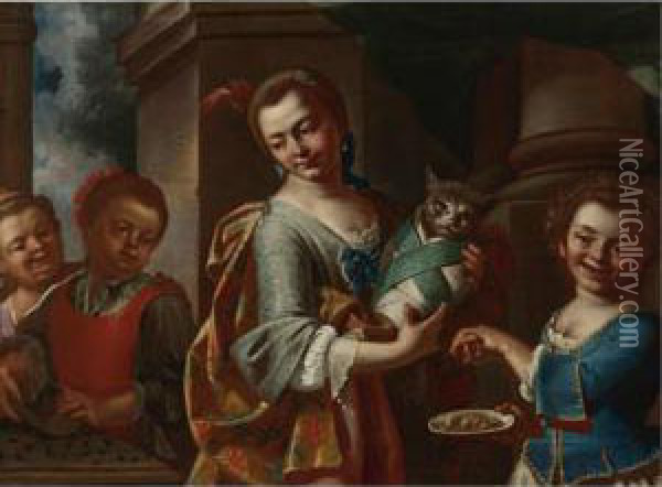 Girls Playing With A Cat Oil Painting - Giuseppe Bonito