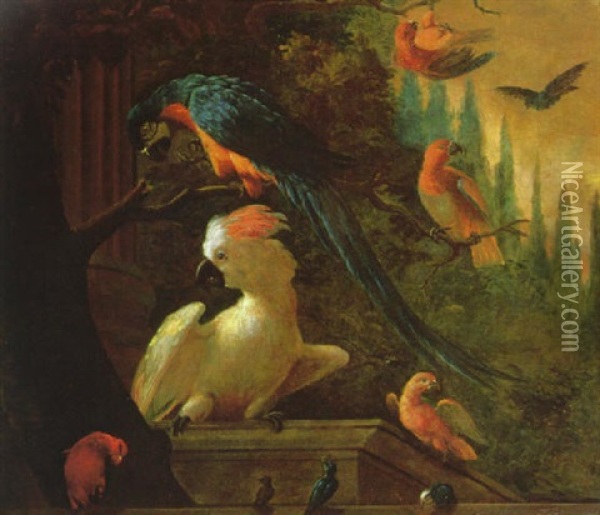 A Blue Macaw Perched On A Branch With A White Cockateal And Other Parrots In A Parkland Landscape Oil Painting - Jakob Bogdani