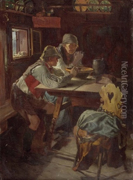 Grosmutter Und Enkel Beim Tischgebet Oil Painting - Anton Schroedl