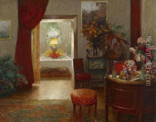 Interior With View Of A Festively Decorated Table Oil Painting - Olga Wisinger-Florian