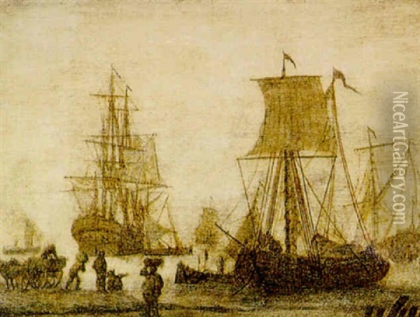 Dutch Fishing Boats And Fishermen Oil Painting - Charles Willem Meredith van de Velde