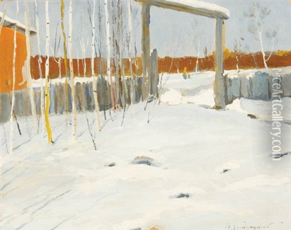 Russian Winter With Figures In Distant Background Oil Painting - Wladimir G. Krikhatzkij