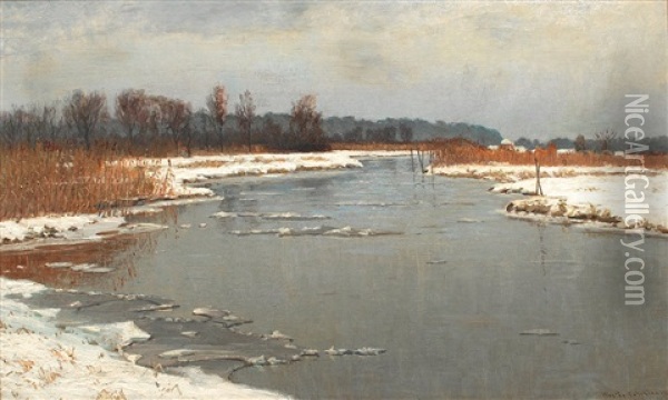 Winterliche Fluslandschaft Mit Fernen Gebauden Oil Painting - Vartan Makokian