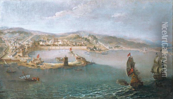 Messina, A Panoramic View Of The Harbour And The City Taken From The Sea Oil Painting - Bernardino Vincenzo Fergioni