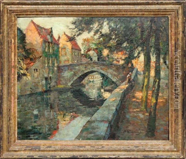 Le Pont Du Cheval A Bruges, Le Soir Oil Painting - Charles-Henri Verbrugghe
