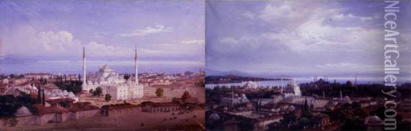 Views Of Constantinople: A Pair Of Gouaches Oil Painting - Carlo Bossoli