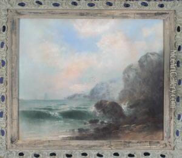 Brandung An Der Felsenkuste Mit 
Fliegenden Mowen, Links Im Hintergrund Die Silhouetten Einiger 
Segelschiffe Oil Painting - William Henry Chandler