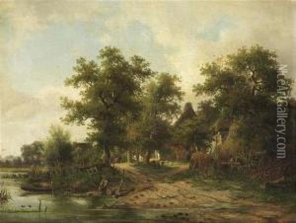 Summery Landscape With A Farmstead At A River. Oil/canvas, Signed Oil Painting - David Heinrich Munter