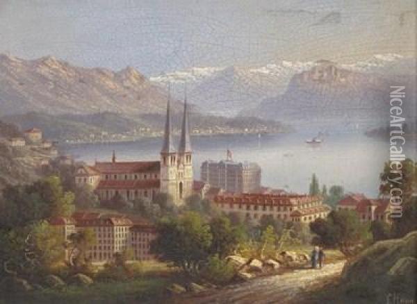 Swiss View, Possibly Lake Lucerne Oil Painting - F. Heiniger