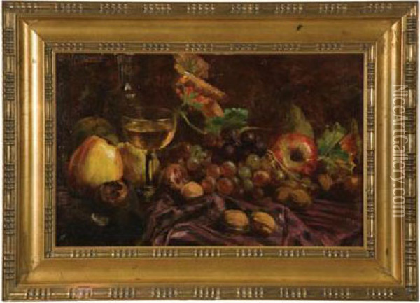 Fruit With A Glass Of Wine Oil Painting - Emile Jacques