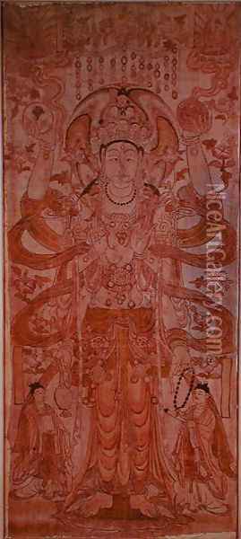 Avalokiteshvara with nine heads and six arms, from Dunhuang, Gansu Province, Tang Dynasty (618-907) Oil Painting - Anonymous Artist