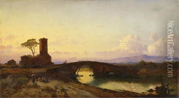 Abendstimmung An Der Ponte Molle Am Tiber Oil Painting - Hermann David Salomon Corrodi
