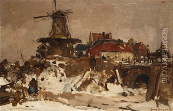 Village En Hiver Avec Moulin A Vent Oil Painting - Frans Langeveld