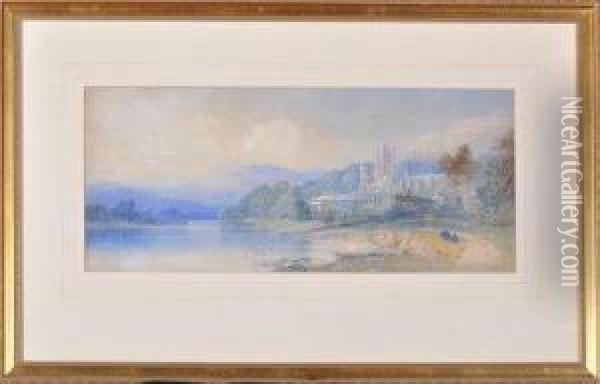 A Ruined Abbey By A River: Probably Tintern Oil Painting - Edward M. Richardson