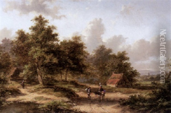 A Wooded Summer Landscape With Travellers On A Sandy Track Oil Painting - Jan Evert Morel the Younger