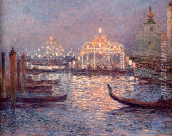 Venise, Gondoles Aux Lampions Et Manege Oil Painting - Ferdinand du Puigaudeau