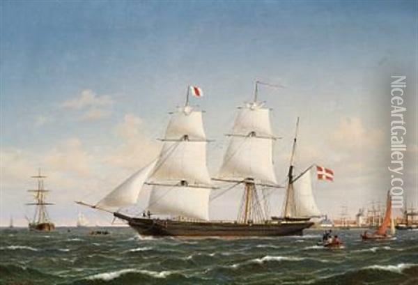 A Danish Bark Under Sail In Copenhagen Harbour With Frederik V's Rigging-sheers On Holmen In The Background Oil Painting - Carl Ludwig Bille