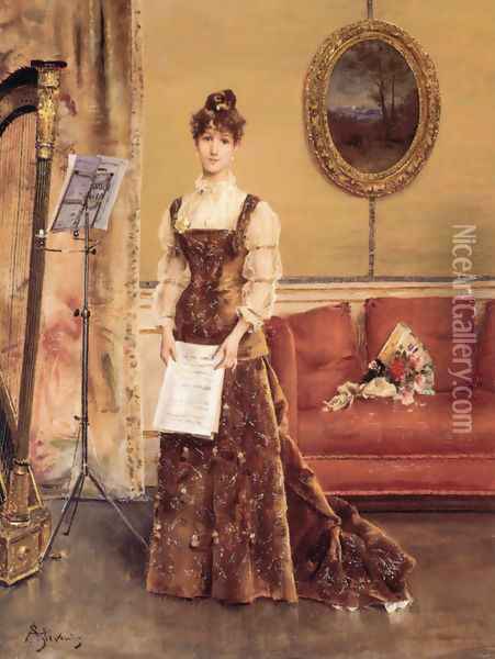 La Femme à la Harpe (Lady with a Harp) Oil Painting - Alfred Stevens