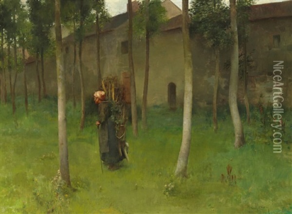 A Woman Gathering Sticks In The Outskirts Of A Village Oil Painting - Henry Siddons Mowbray