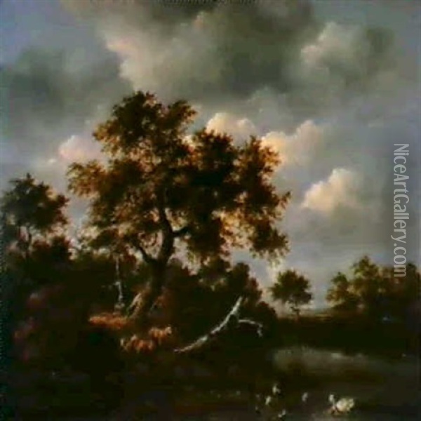 Paysage Au Chene Et Animaux Au Bord D'un Etang Oil Painting - Jacob Van Ruisdael