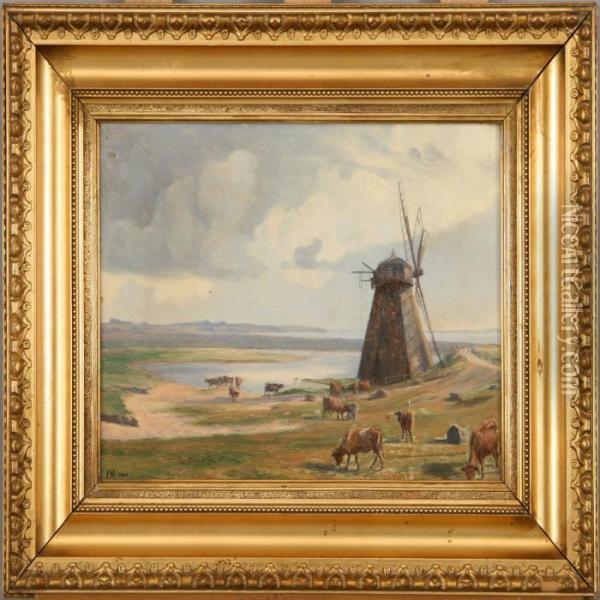 Landscape With Grazing Cows By A Mill. Signed Em 1901 Oil Painting - Emilie Mundt