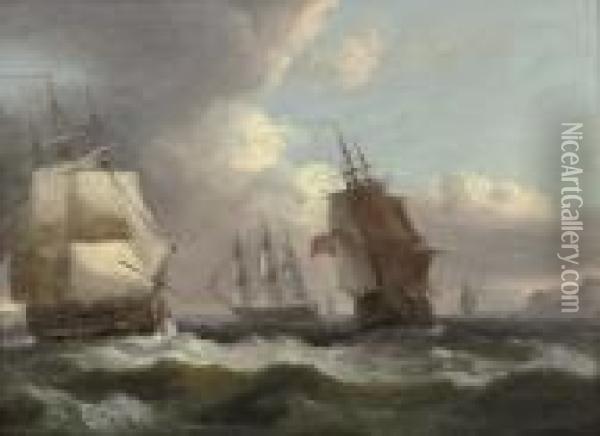 English Warships In A Stiff Offshore Breeze Oil Painting - Thomas Luny