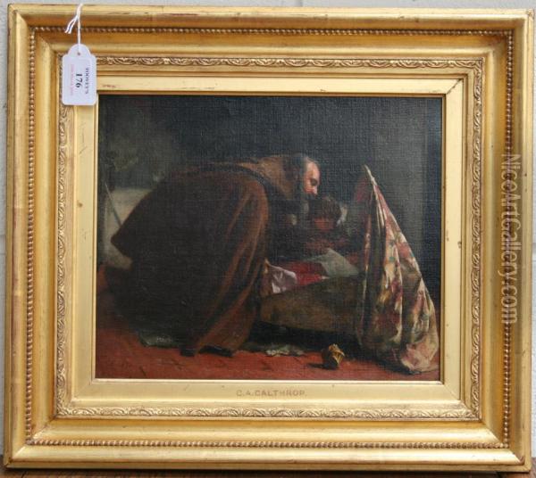 Monk And Child Looking At A Baby In A Crib Oil Painting - Claude Andrew Calthrop