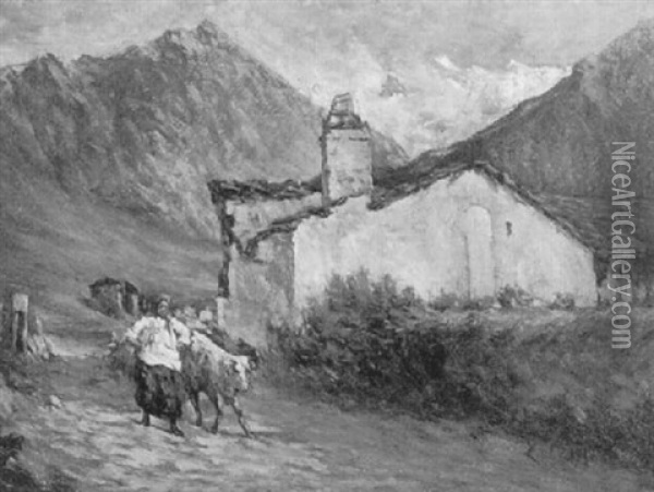 Magd Mit Kalb Vor Bauernhaus Im Gebirge Oil Painting - Leonardo Bazzaro