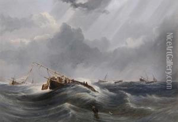 Fishing Boats In Squally Sea Oil Painting - Edward Tucker