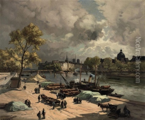 Port St. Nicolas, Bords De Seine (on A Quay Along The Seine, Paris) Oil Painting - Henri Alphonse Barnoin