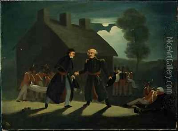 The meeting of Wellington (1769-1852) and Blucher (1742-1819) at La Belle Alliance after the Battle of Waterloo Oil Painting - H. Baynes