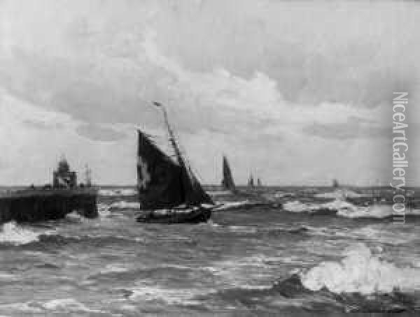 Fischerboote Vor Der 
Hafeneinfahrt. Signiert Unten Rechts: W. Hambuchen. Ol Auf Leinwand. H 
61; B 81 Cm. Oil Painting - Wilhelm Hambutchen