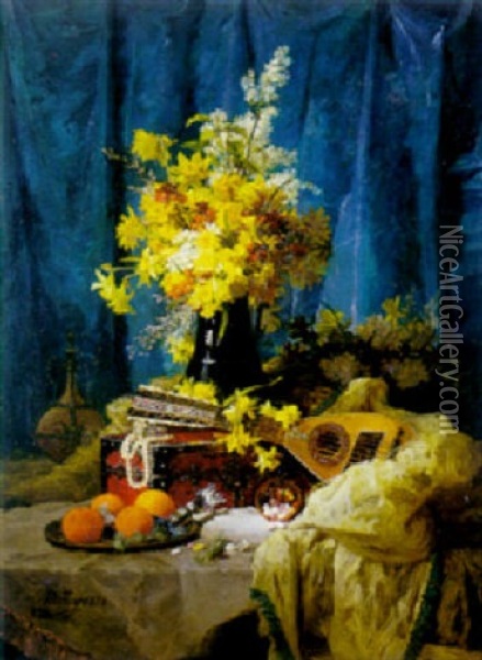 A Mandolin Among Daffodils And Lilacs Oil Painting - Joseph Mittey